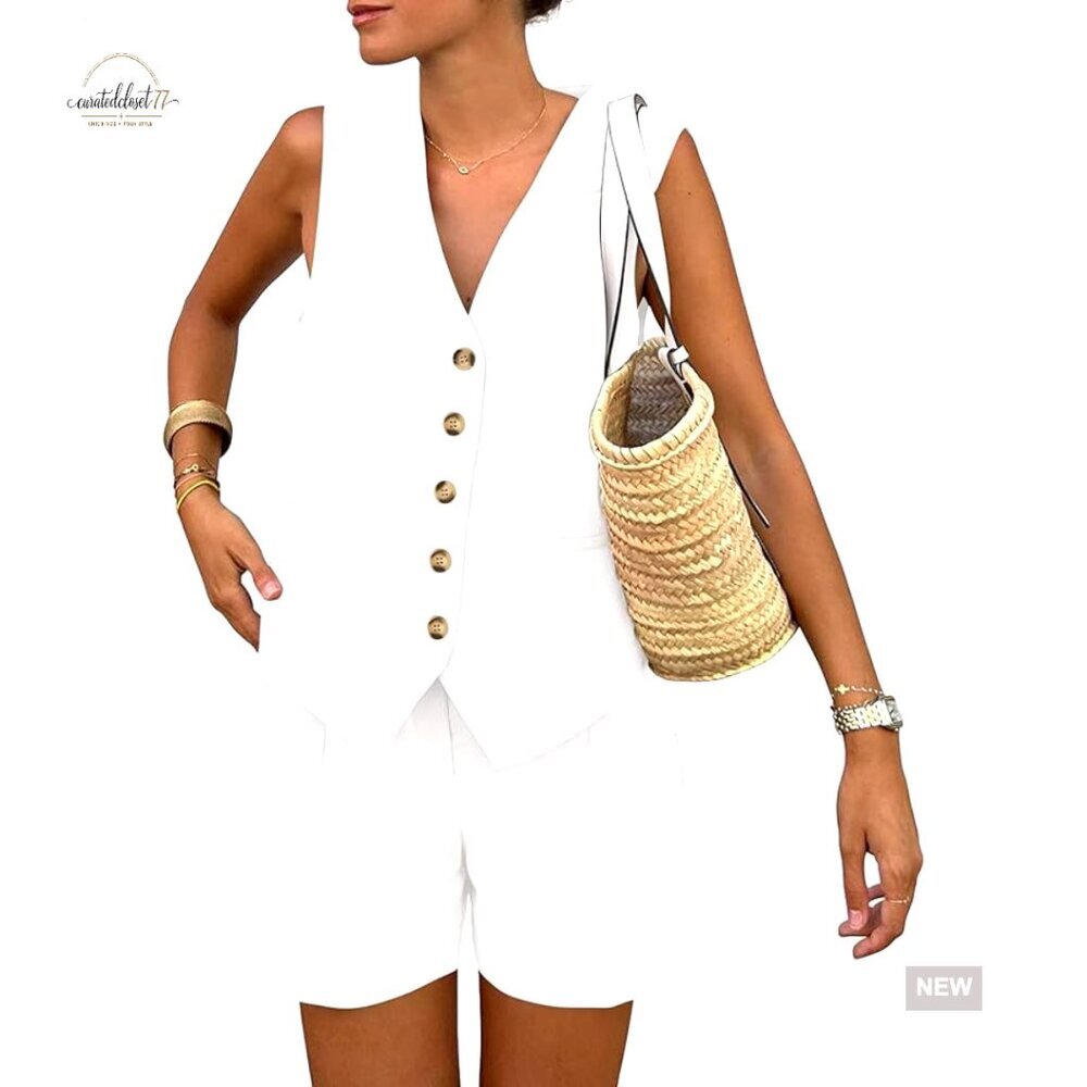 Sleeveless V-Neck Vest and High Waisted Shorts Set, Size Medium, Polyester Blend